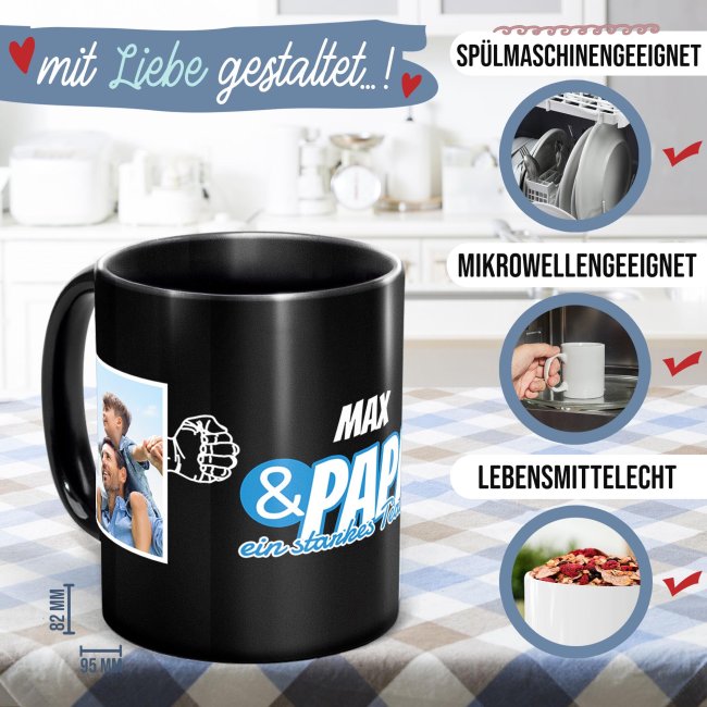 Tasse schwarz f&uuml;r Papa - Starkes Team - mit Name und Fotos