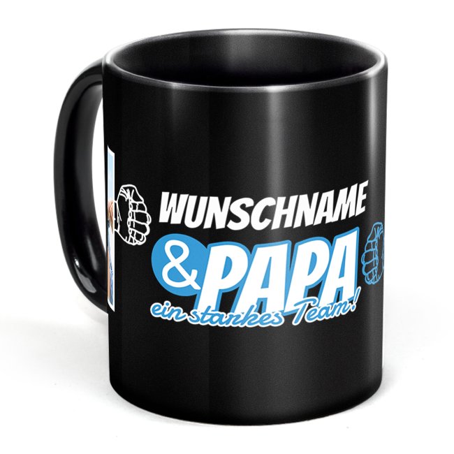 Tasse schwarz f&uuml;r Papa - Starkes Team - mit Name und Fotos