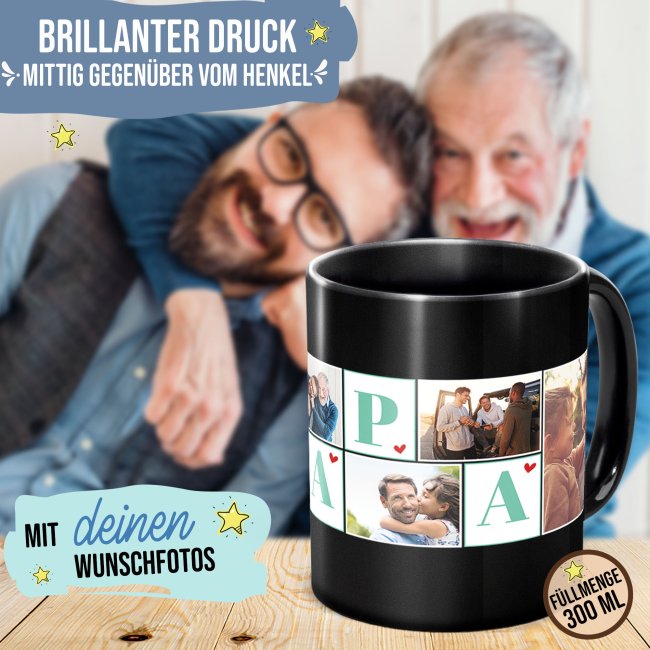 Schwarze Tasse f&uuml;r Papa - mit Fotocollage f&uuml;r sechs Fotos gestalten