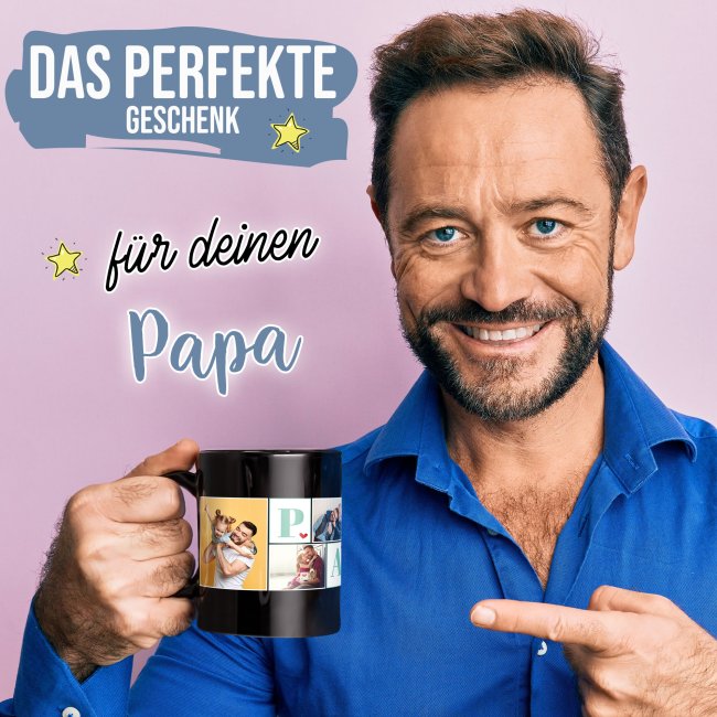 Schwarze Tasse f&uuml;r Papa - mit Fotocollage f&uuml;r sechs Fotos gestalten