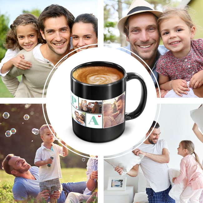 Schwarze Tasse f&uuml;r Papa - mit Fotocollage f&uuml;r sechs Fotos gestalten