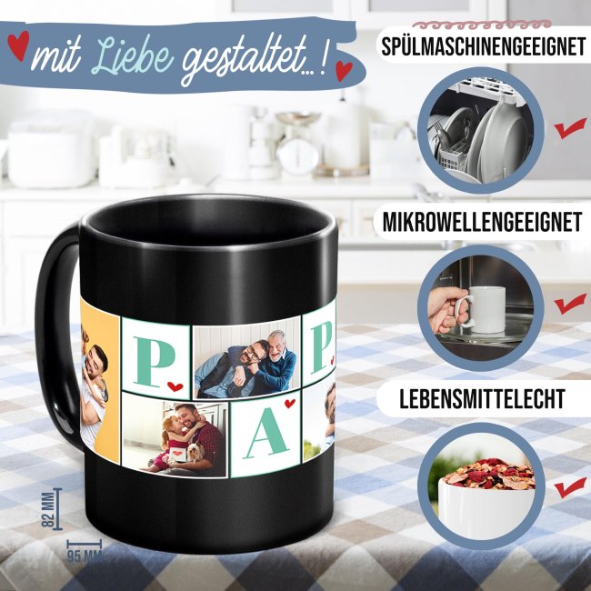 Schwarze Tasse f&uuml;r Papa - mit Fotocollage f&uuml;r sechs Fotos gestalten