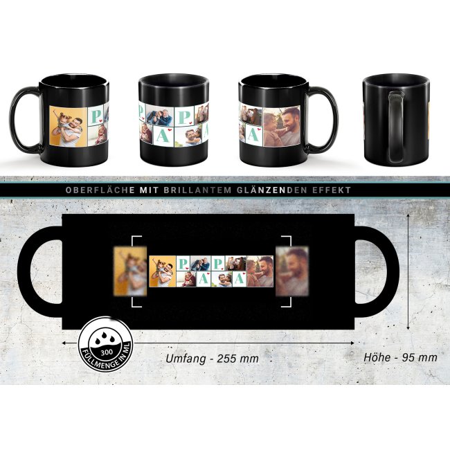 Schwarze Tasse f&uuml;r Papa - mit Fotocollage f&uuml;r sechs Fotos gestalten