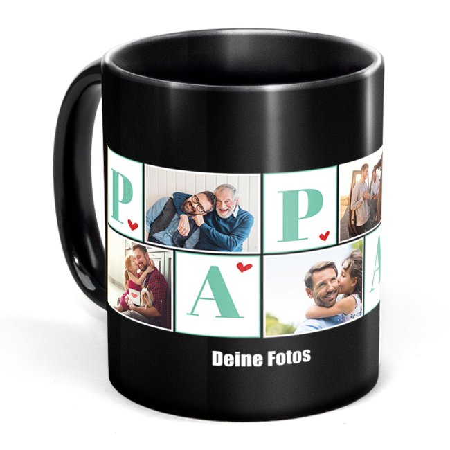 Schwarze Tasse f&uuml;r Papa - mit Fotocollage f&uuml;r sechs Fotos gestalten