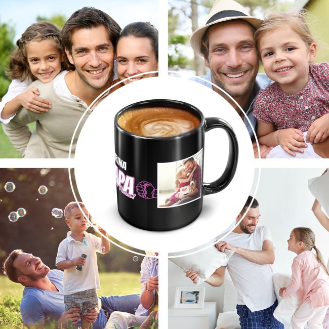 Tasse schwarz f&uuml;r Papa von der Tochter - Starkes Team - mit Name und Fotos gestalten