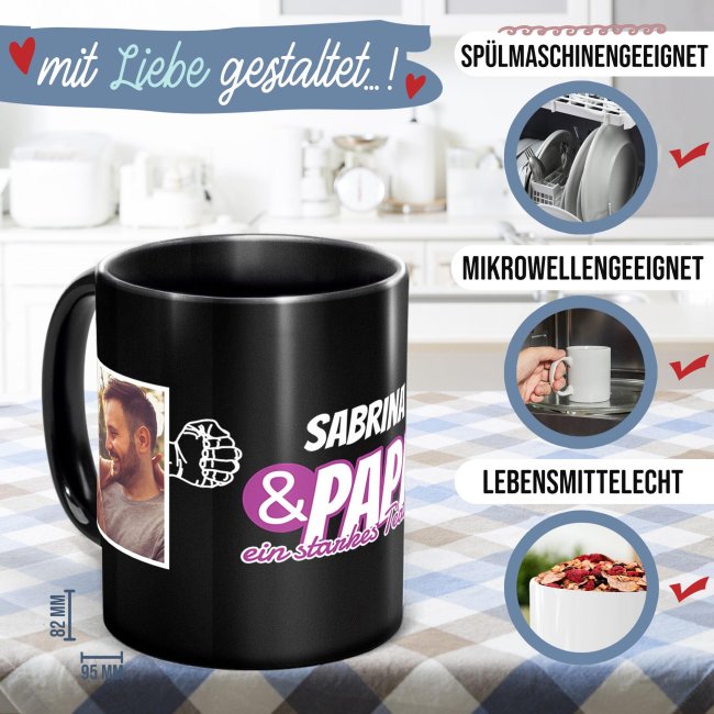 Tasse schwarz f&uuml;r Papa von der Tochter - Starkes Team - mit Name und Fotos gestalten