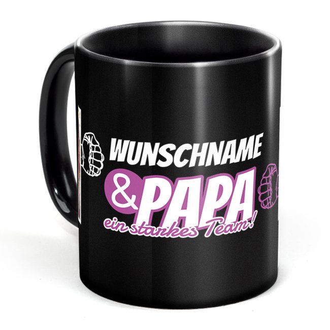 Tasse schwarz f&uuml;r Papa von der Tochter - Starkes Team - mit Name und Fotos gestalten