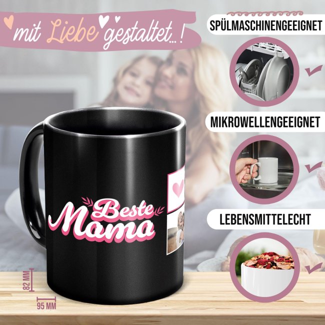 Tasse schwarz selbst gestalten - Beste Mama - mit drei Fotos