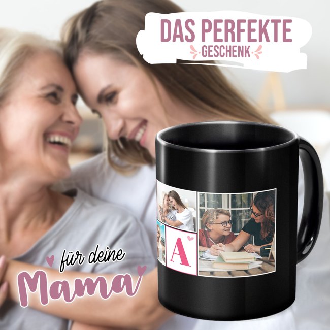 Schwarze Tasse f&uuml;r Mama - selbst gestalten mit Fotocollage f&uuml;r sechs Fotos