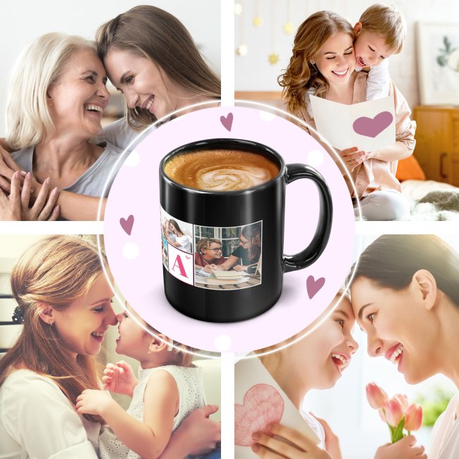 Schwarze Tasse f&uuml;r Mama - selbst gestalten mit Fotocollage f&uuml;r sechs Fotos