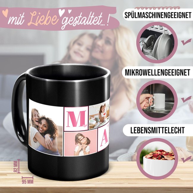 Schwarze Tasse f&uuml;r Mama - selbst gestalten mit Fotocollage f&uuml;r sechs Fotos