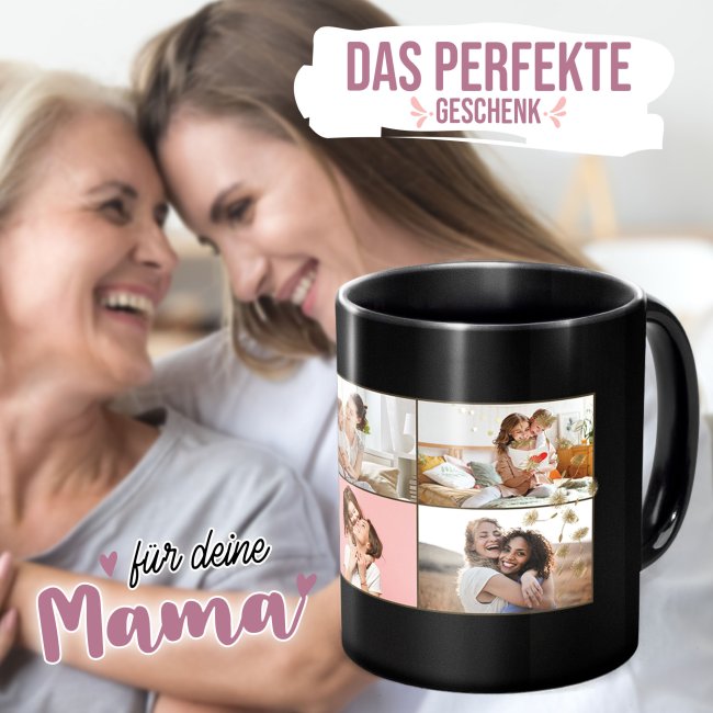 Schwarze Tasse - mit Fotocollage f&uuml;r acht Fotos selbst gestalten