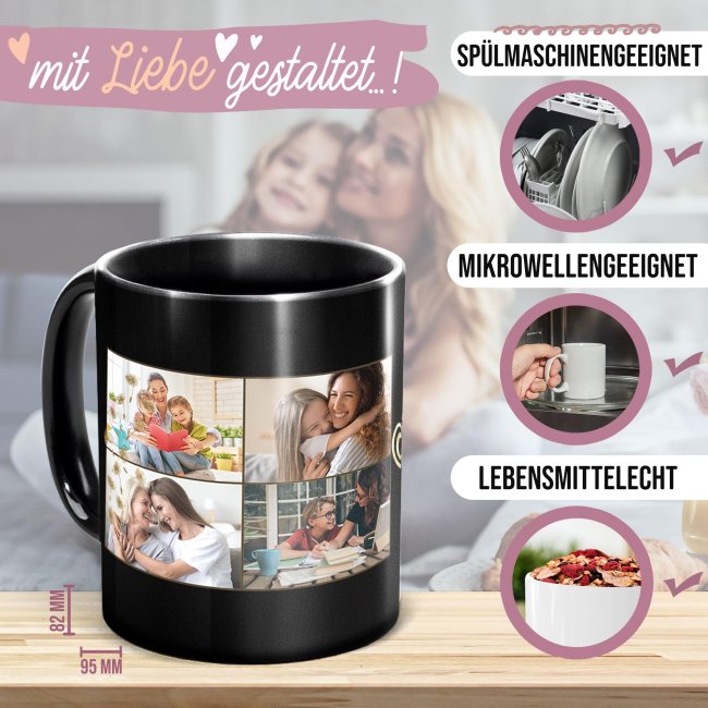 Schwarze Tasse - mit Fotocollage f&uuml;r acht Fotos selbst gestalten