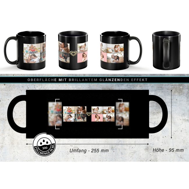 Schwarze Tasse - mit Fotocollage f&uuml;r acht Fotos selbst gestalten