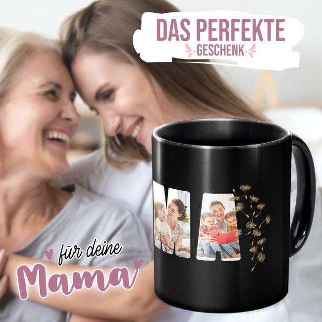 Schwarze Tasse mit Spruch - Wir lieben dich, Mama - mit 5 Fotos gestalten