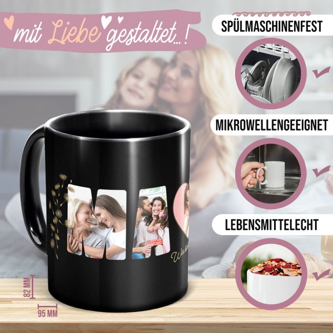 Schwarze Tasse mit Spruch - Wir lieben dich, Mama - mit 5 Fotos gestalten