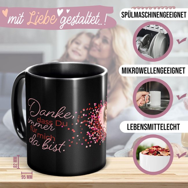 Schwarze Tasse mit Spruch f&uuml;r Mama - Danke f&uuml;r alles - mit Foto gestalten