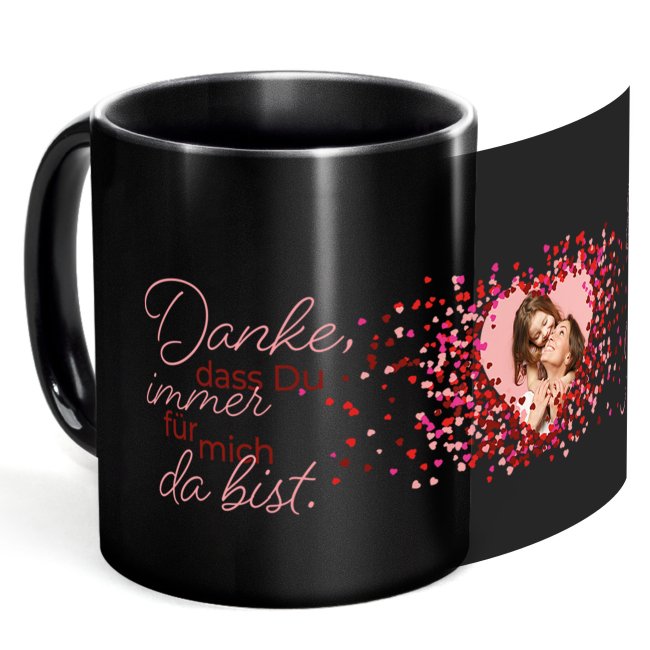 Schwarze Tasse mit Spruch f&uuml;r Mama - Danke f&uuml;r alles - mit Foto gestalten