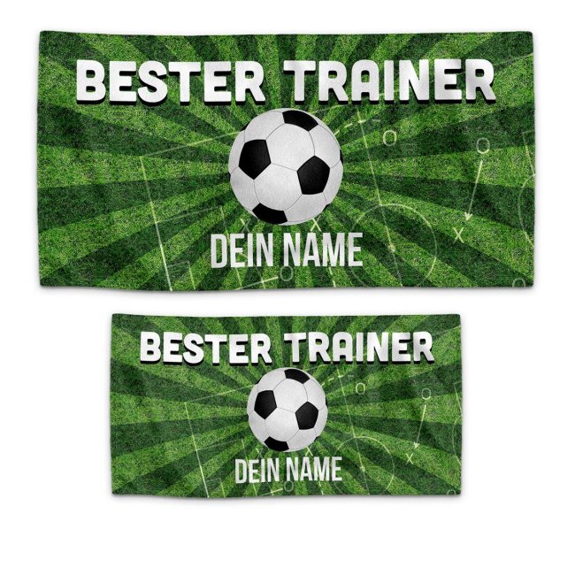 Handtuch f&uuml;r Fu&szlig;baller - Bester Trainer - mit Name bedrucken - 2 Gr&ouml;&szlig;en