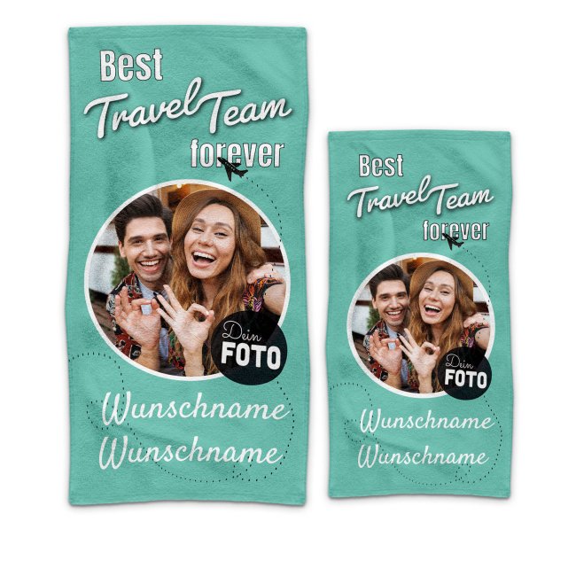 Handtuch mit Spruch - Travel Team - mit Foto und Namen gestalten - 2 Gr&ouml;&szlig;en