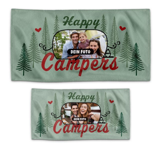 Handtuch mit Foto personalisieren - Happy Campers - in 2 Gr&ouml;&szlig;en