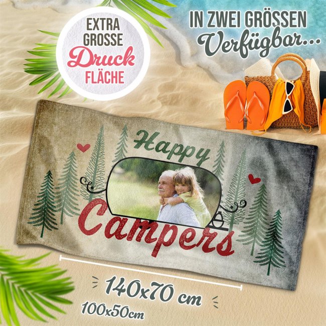 Handtuch mit Foto personalisieren - Happy Campers - in 2 Gr&ouml;&szlig;en