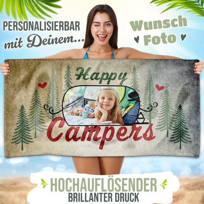 Handtuch mit Foto personalisieren - Happy Campers - in 2 Gr&ouml;&szlig;en