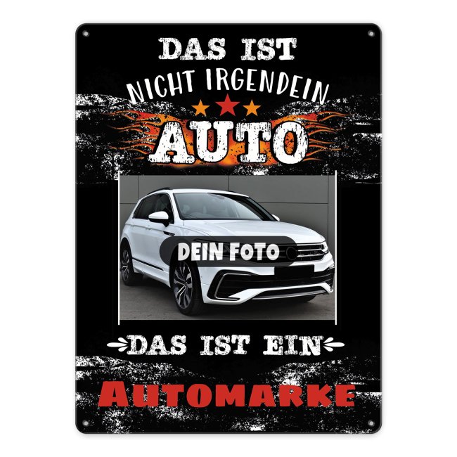 Personalisiertes Auto-Blechschild mit Spruch - mit Foto und Automarke gestalten