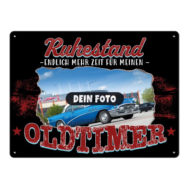 Personalisiertes Auto-Blechschild - Ruhestand, mehr Zeit f&uuml;r den Oldtimer - mit Foto