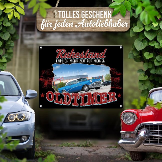 Personalisiertes Auto-Blechschild - Ruhestand, mehr Zeit f&uuml;r den Oldtimer - mit Foto