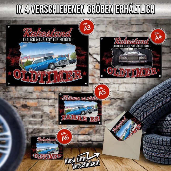 Personalisiertes Auto-Blechschild - Ruhestand, mehr Zeit f&uuml;r den Oldtimer - mit Foto