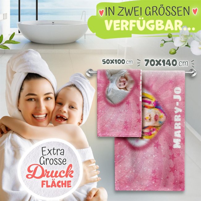 Handtuch f&uuml;r M&auml;dchen - mit Foto und Name - Herz rosa