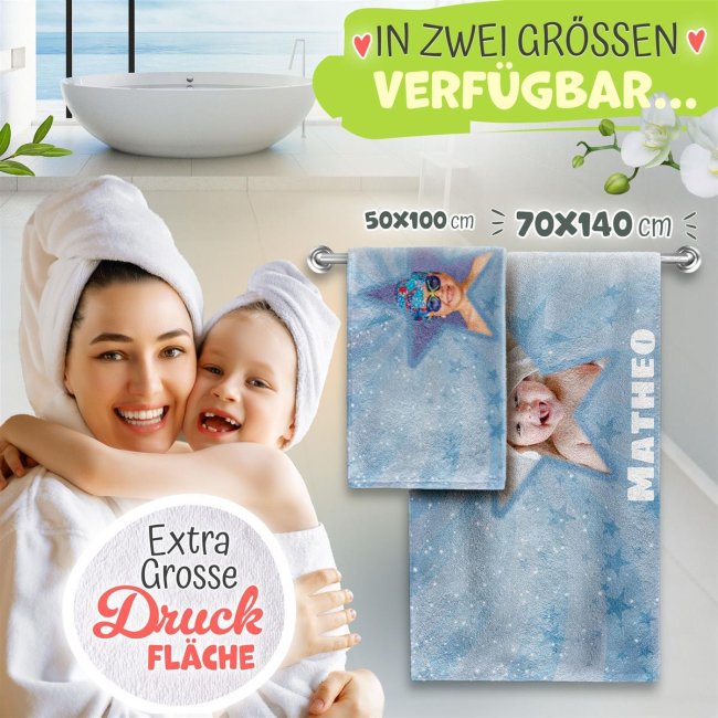 Handtuch f&uuml;r Jungen - mit Foto und Name - Stern blau