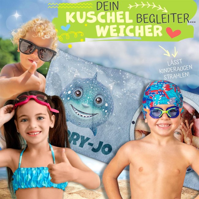 Personalisiertes Handtuch f&uuml;r Kinder - Hai - mit Foto und Name