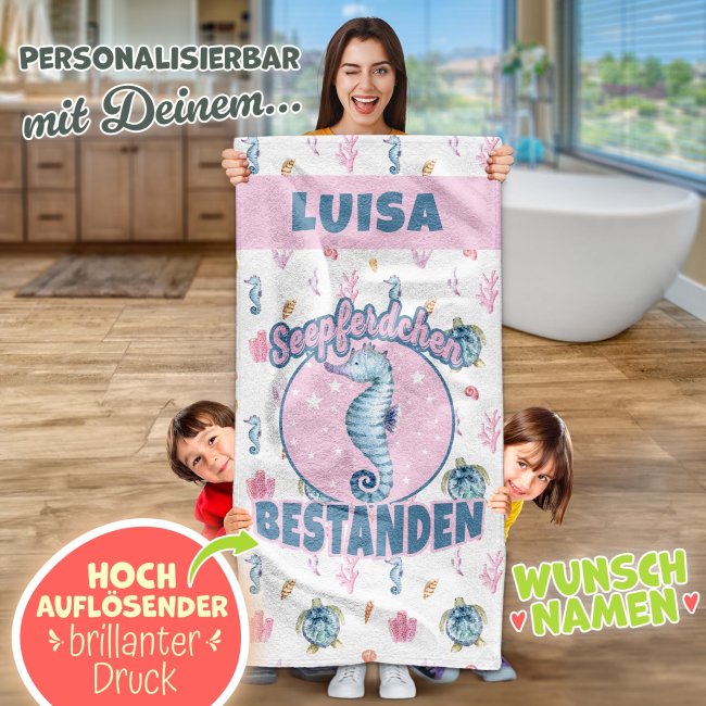 Handtuch f&uuml;r M&auml;dchen - Seepferdchen bestanden - mit Name