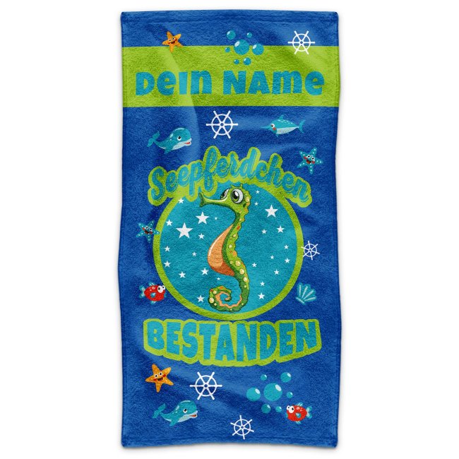 Handtuch f&uuml;r Jungen - Seepferdchen bestanden - mit Name - 100 x 50 cm