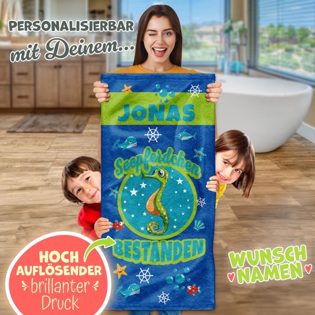 Handtuch f&uuml;r Jungen - Seepferdchen bestanden - mit Name - 100 x 50 cm