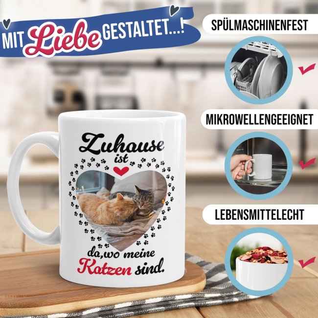 Katzen-Tasse mit Foto selbst gestalten - Zuhause ist da, wo meine Katzen sind