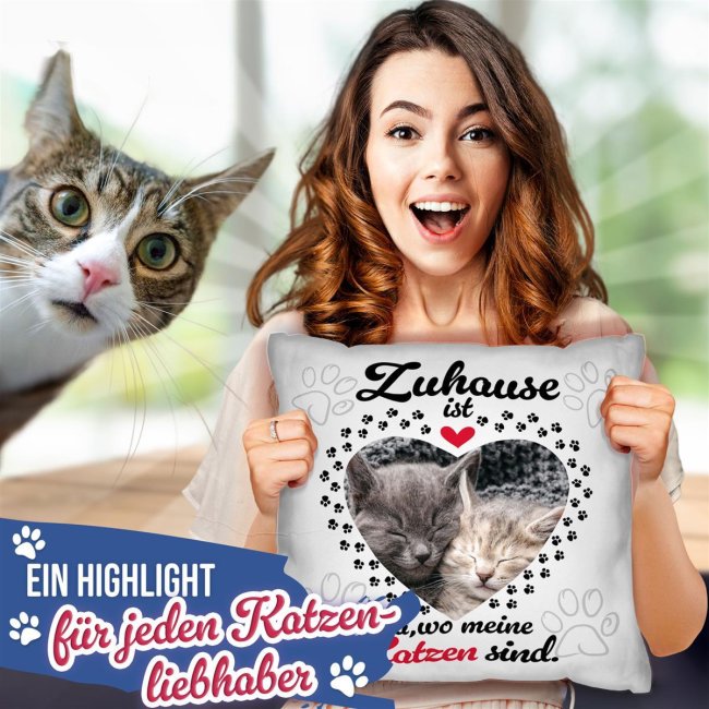 Katzen-Kissen mit Foto gestalten - Zuhause ist da, wo meine Katzen sind