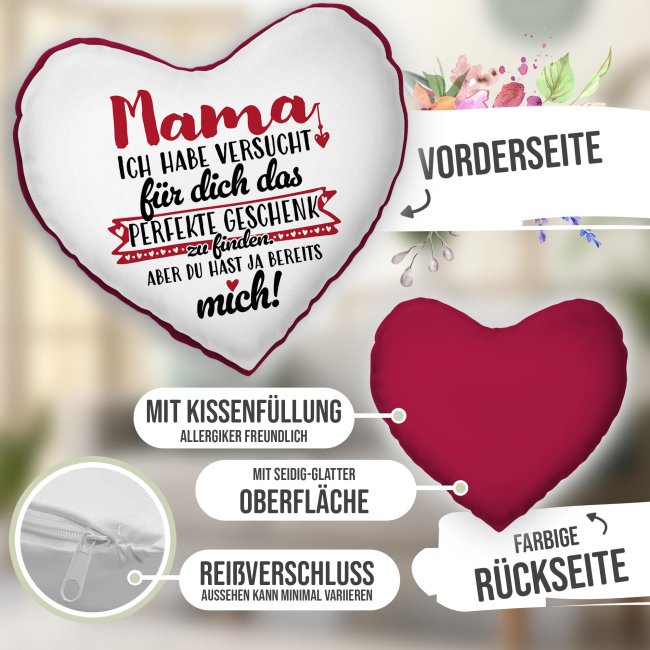 Herz-Kissen mit Spruch f&uuml;r Mama - Das perfekte Geschenk - R&uuml;ckseite Rot