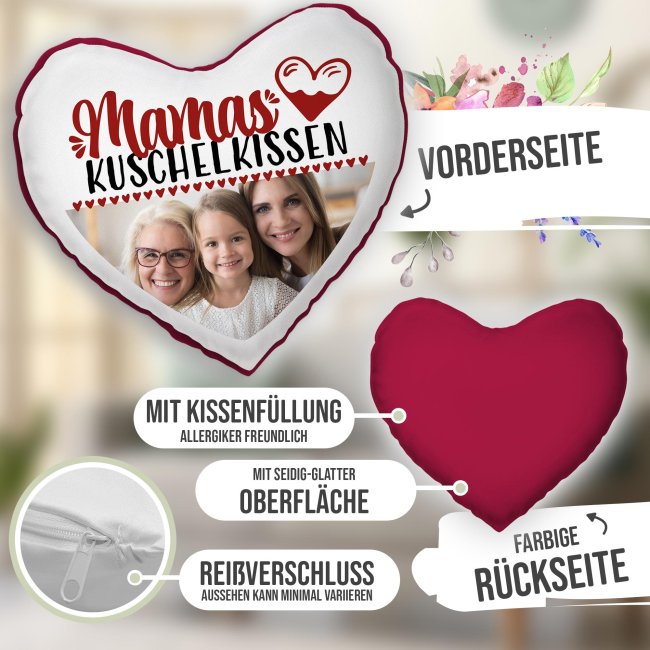 Personalisiertes Herzkissen f&uuml;r Mama - Mamas Kuschelkissen - mit Foto - R&uuml;ckseite Rot