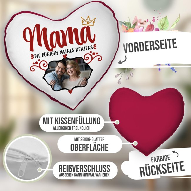 Herzkissen f&uuml;r Mama mit Foto gestalten - Mama, K&ouml;nigin meines Herzens - R&uuml;ckseite Rot