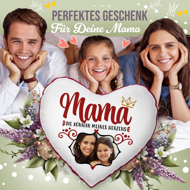 Herzkissen f&uuml;r Mama mit Foto gestalten - Mama, K&ouml;nigin meines Herzens - R&uuml;ckseite Rot