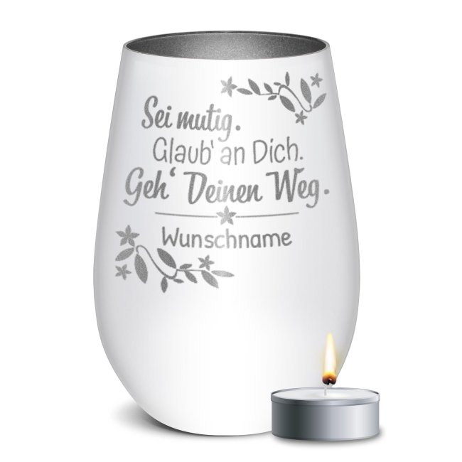 Wei&szlig;es Windlicht mit Gravur - Geh deinen Weg - mit Name - inkl. Teelicht - Innen Silber