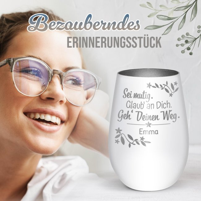 Wei&szlig;es Windlicht mit Gravur - Geh deinen Weg - mit Name - inkl. Teelicht - Innen Silber