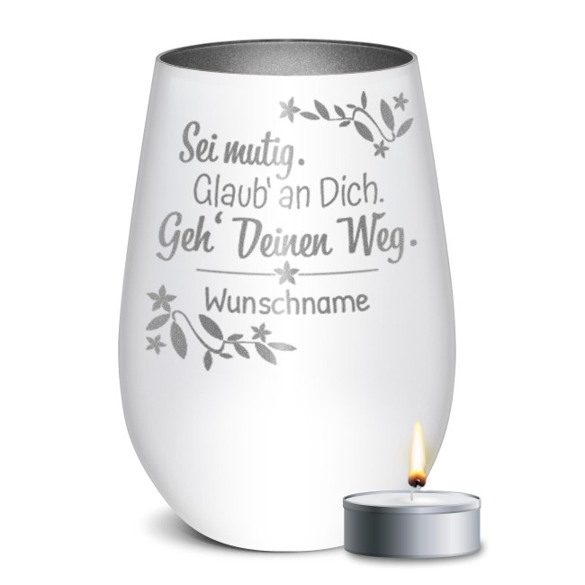 Wei&szlig;es Windlicht mit Gravur - Geh deinen Weg - mit Name - inkl. Teelicht - Innen Silber