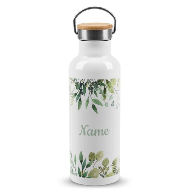 Trinkflasche mit Bambusdeckel - Zweige - mit Name - Wei&szlig; 500 ml