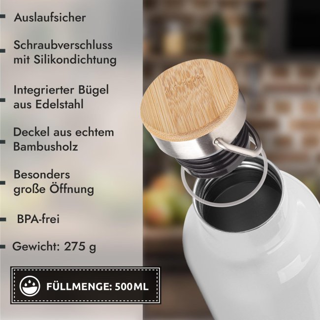 Trinkflasche mit Bambusdeckel - Zweige - mit Name - Wei&szlig; 500 ml