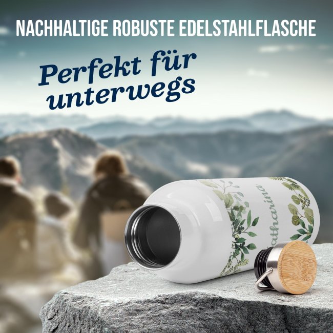 Trinkflasche mit Bambusdeckel - Zweige - mit Name - Wei&szlig; 500 ml