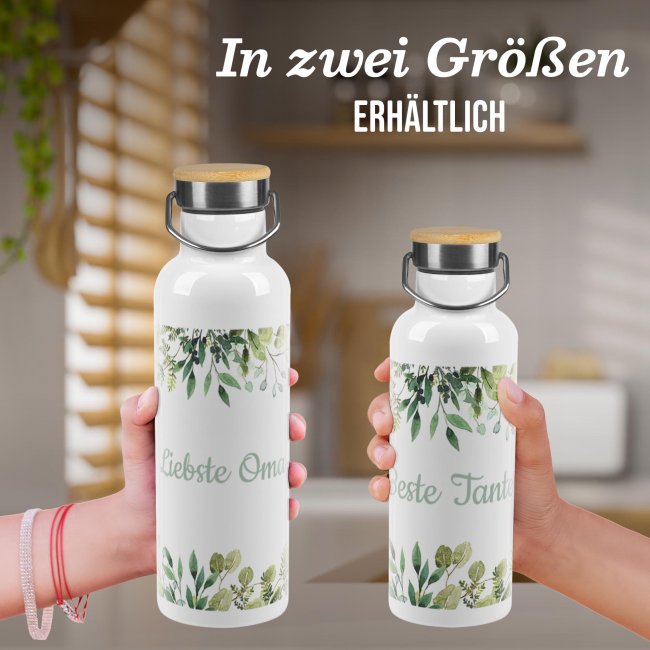 Trinkflasche mit Bambusdeckel - Zweige - mit Name - Wei&szlig; 500 ml